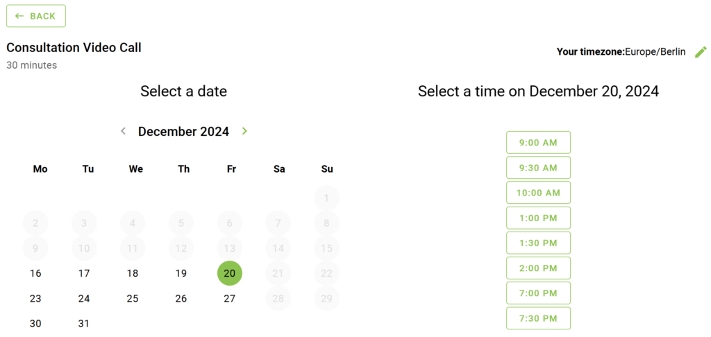 A booking calendar showing the appointment options view in the single column format.