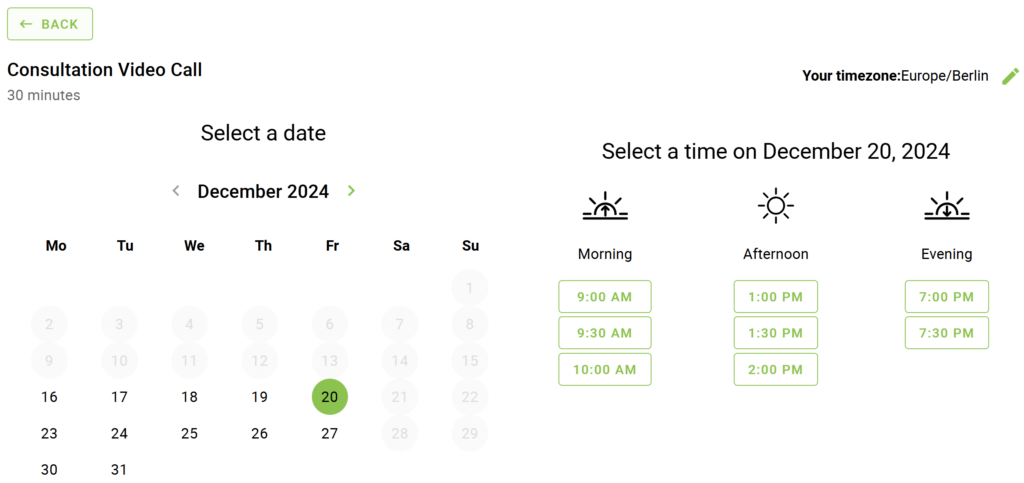 A booking calendar showing the appointment options view in the time of day columns format.