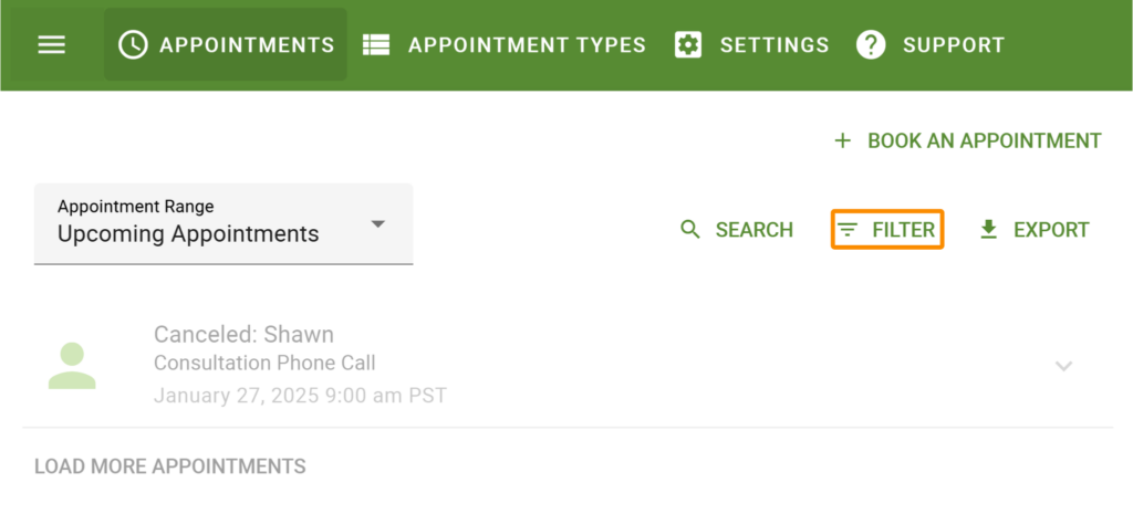 Filter option highlighted in the Appointments Tab