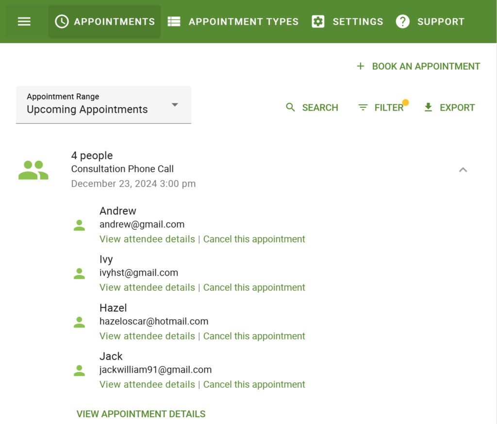 Four separate appointments when the group capacity feature is selected.