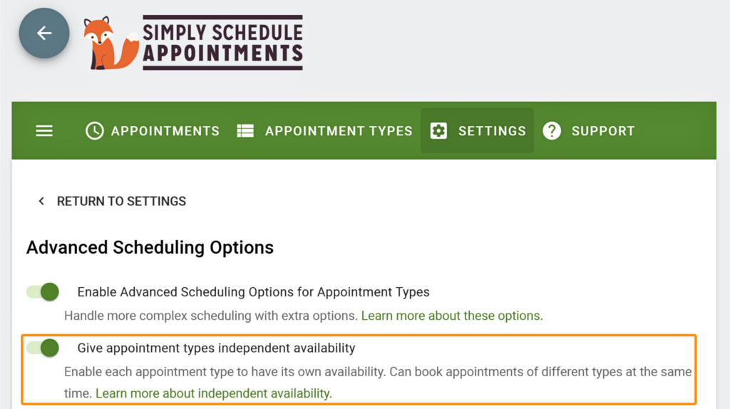 Toggle for enabling the Independent Availability option.