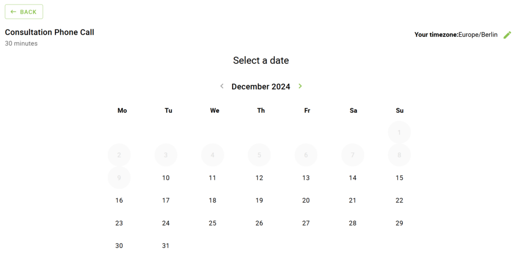 A booking calendar showing the date view in the monthly format.