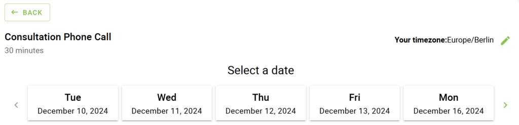 A booking calendar showing the date view in the only available dates format.