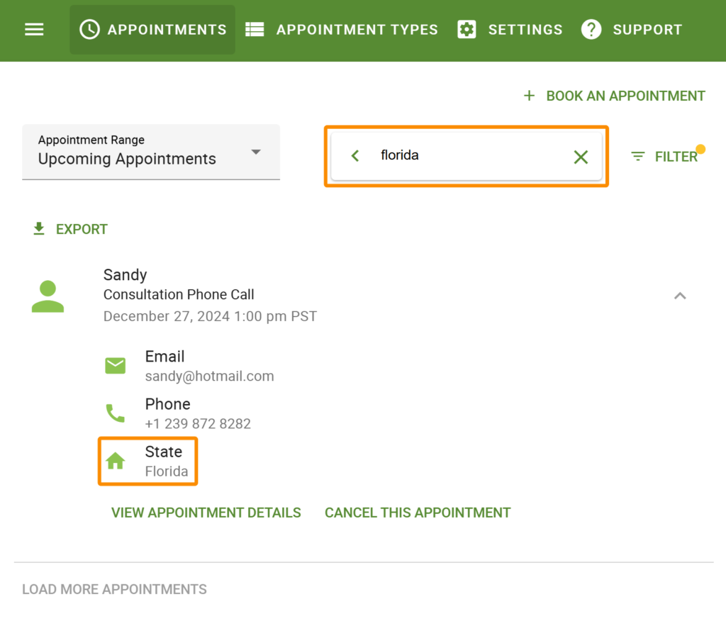 Use the Search option within the Appointments tab to find appointments.