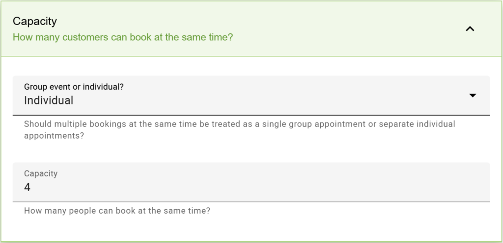 Setting the Capacity field within the Appointment Type settings.