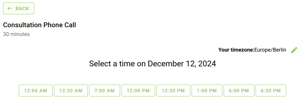 A booking calendar showing the time view in the block format.