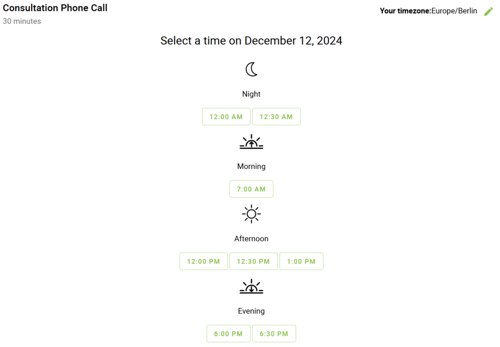 A booking calendar showing the time view in the rows format.