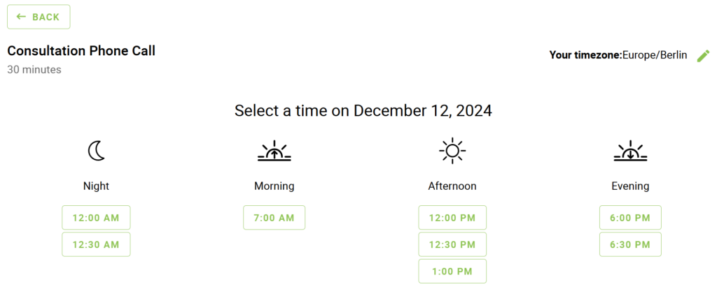 A booking calendar showing the time view in the time of day columns format.