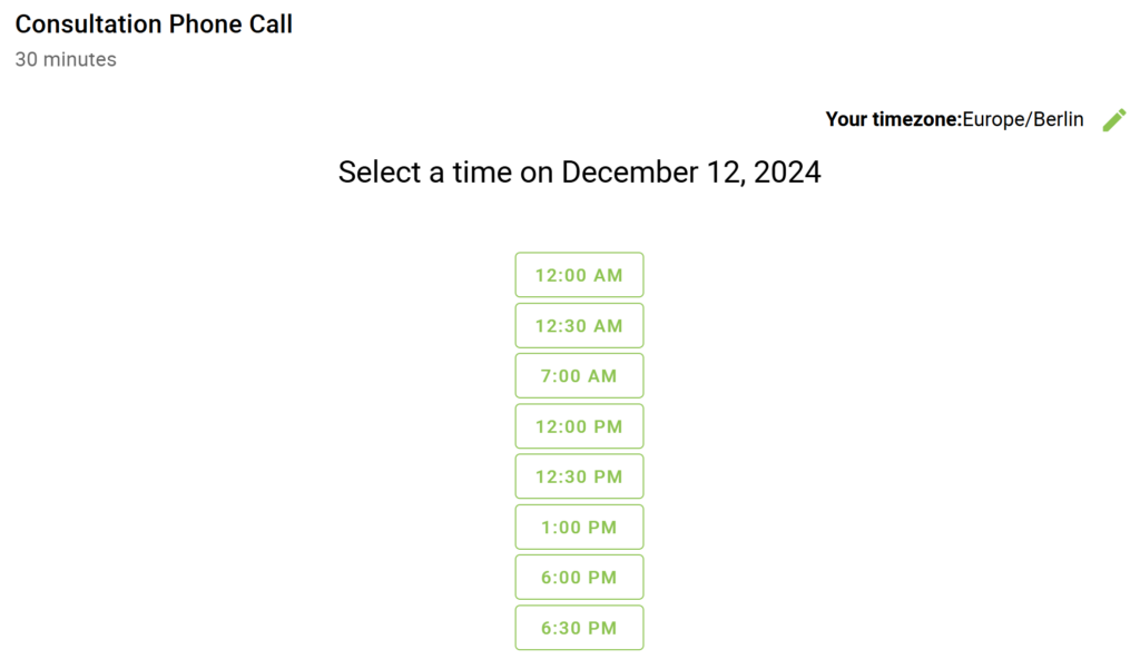 A booking calendar showing the time view in the single column format.