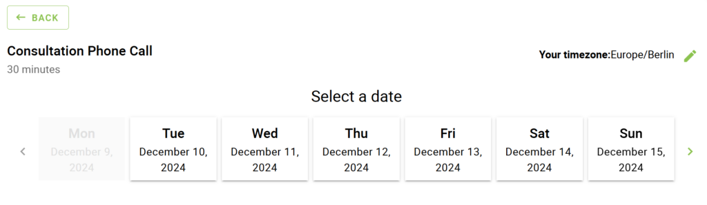 A booking calendar showing the date view in the weekly format.