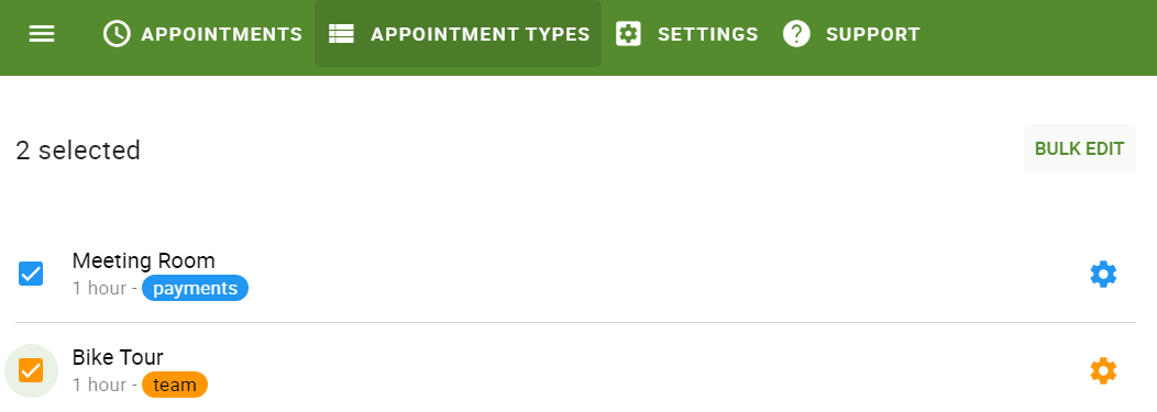 Bulk Edit option appears if you select the bookmarks to the left of the appointment types' names.