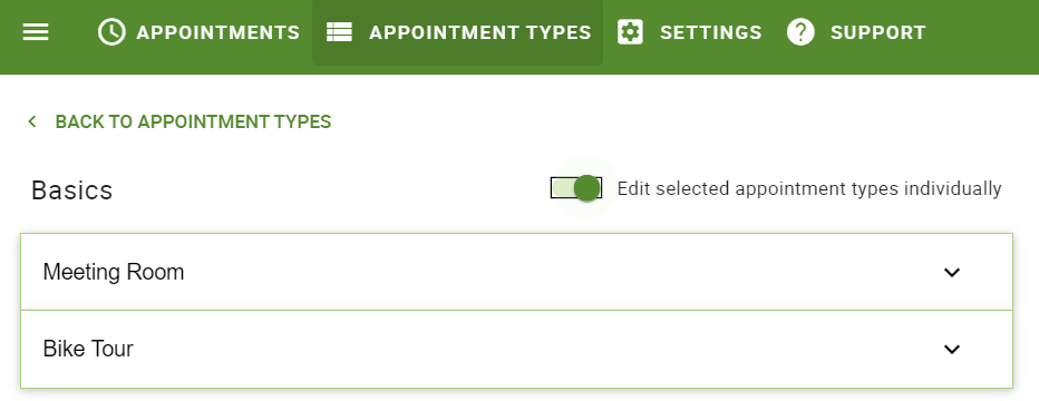 Toggling the Edit selected appointment types individually button to switch between editing all appointment types at once or individually.