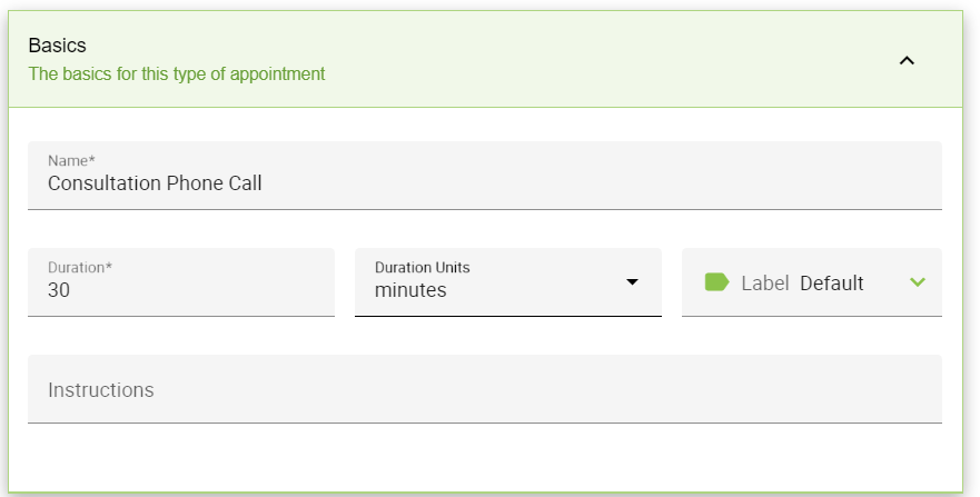 Basics tab of Appointment Type settings.