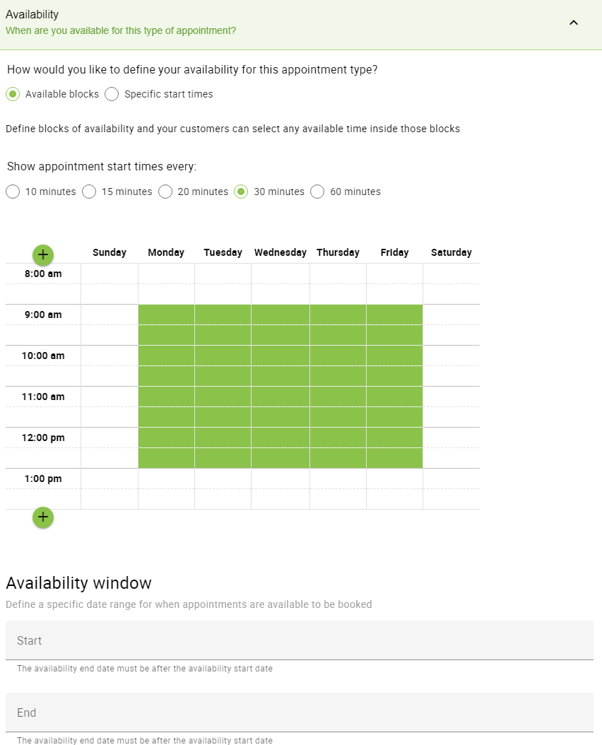 Availability tab in Appointment Type settings.