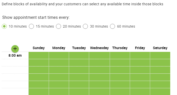 Showing the start time intervals in appointment type settings.