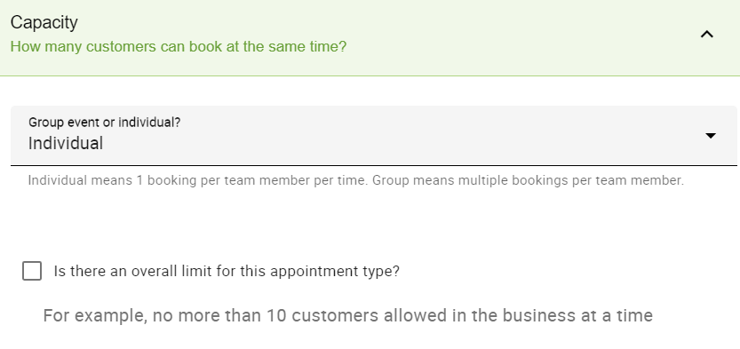 Capacity in appointment type settings.