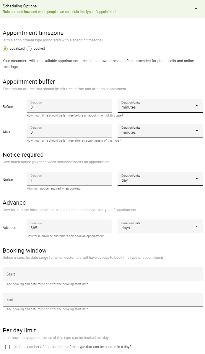 Scheduling Options tab in the Appointment Type settings.