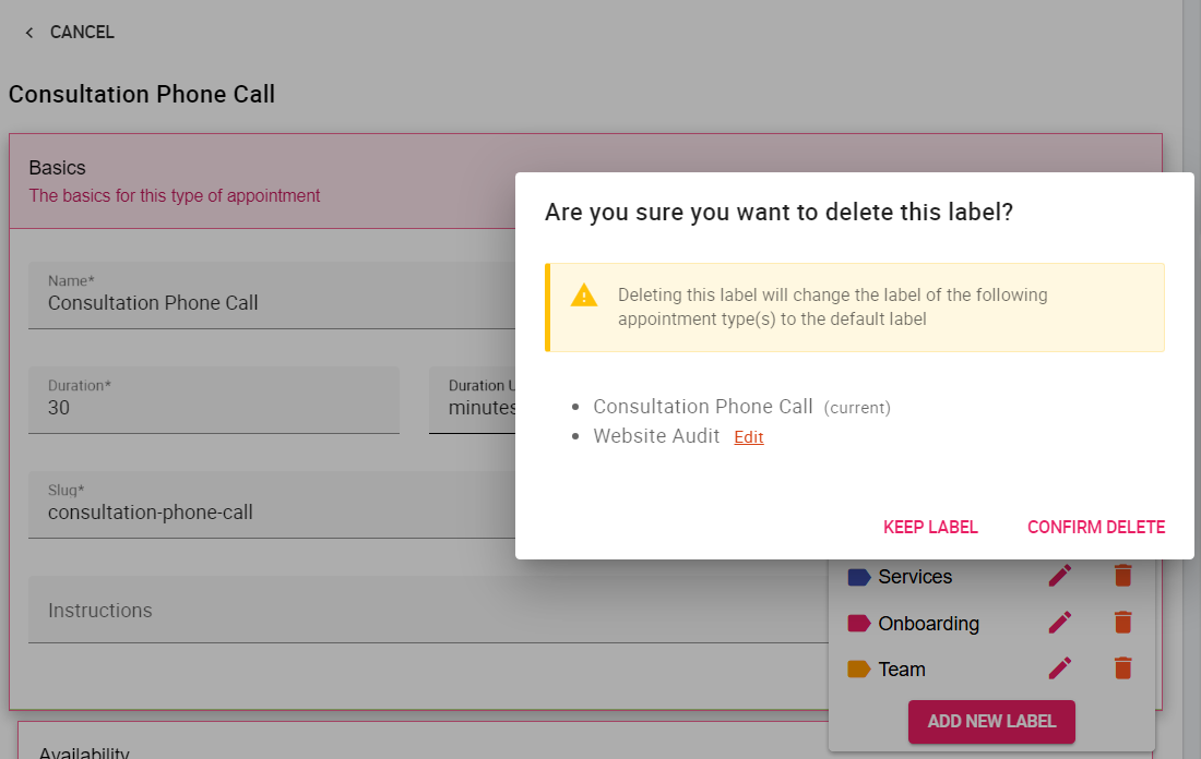 Confirmation of deleting a label associated with appointment types.