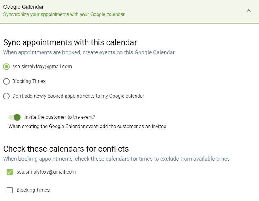 Google Calendar settings in Appointment Types.