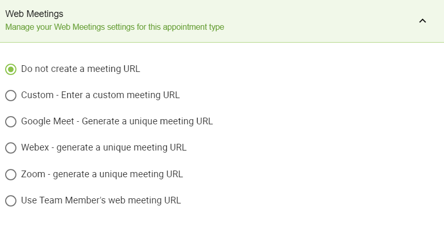 Web Meetings that can be set up in Appointment Types.