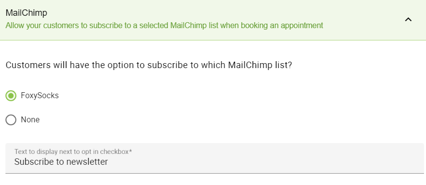 Mailchimp in Appointment Type settings