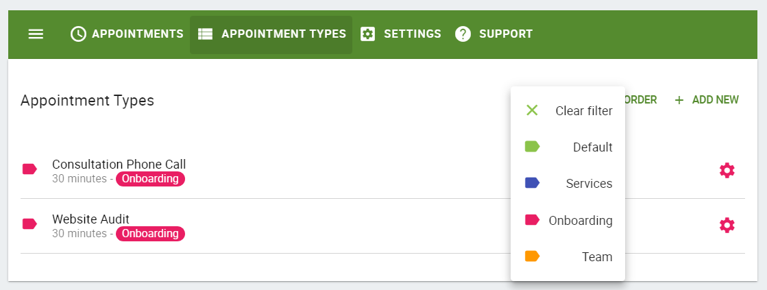 Filtering Appointment Types by labels.