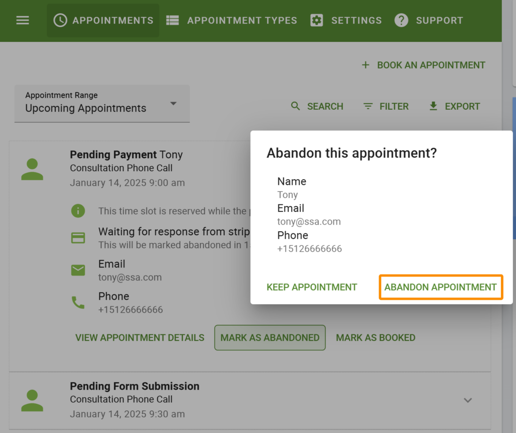 Screenshot displaying the popup generated after the Mark as Abandoned button is selected for a Pending Payment listing.