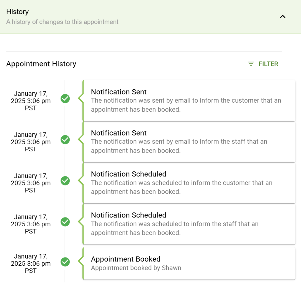 View the Appointment History for each appointment from Appointment > History.