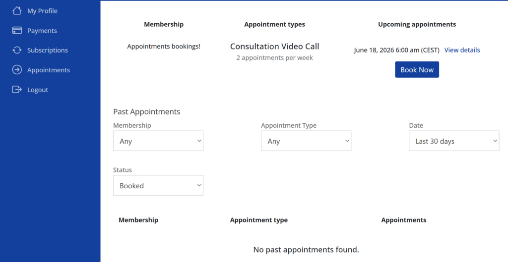 Screenshot of the MemberPress Appointments tab in the Member Accounts page.