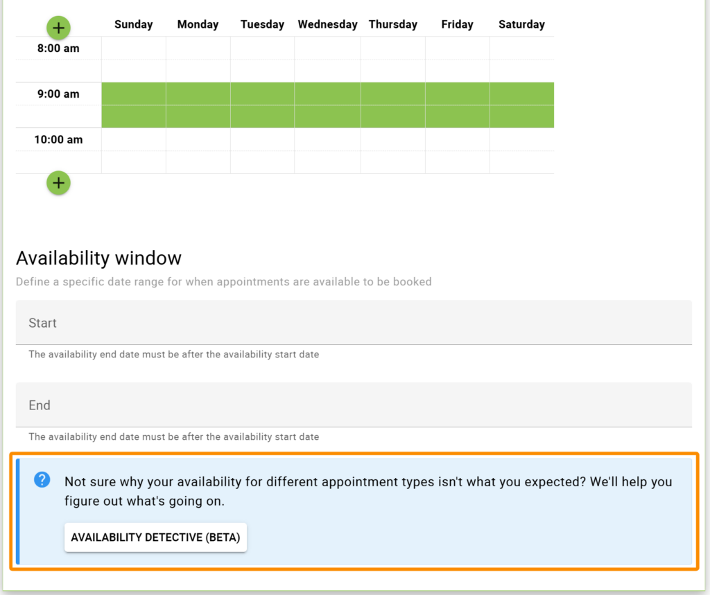 Arrow pointing at Availability Detective button under Availability tab in Appointment Type Settings.