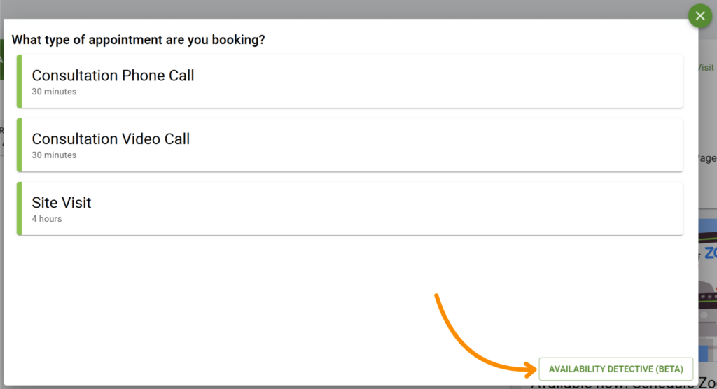 Arrow pointing at trouble shoot availability on the +book an appointment page.