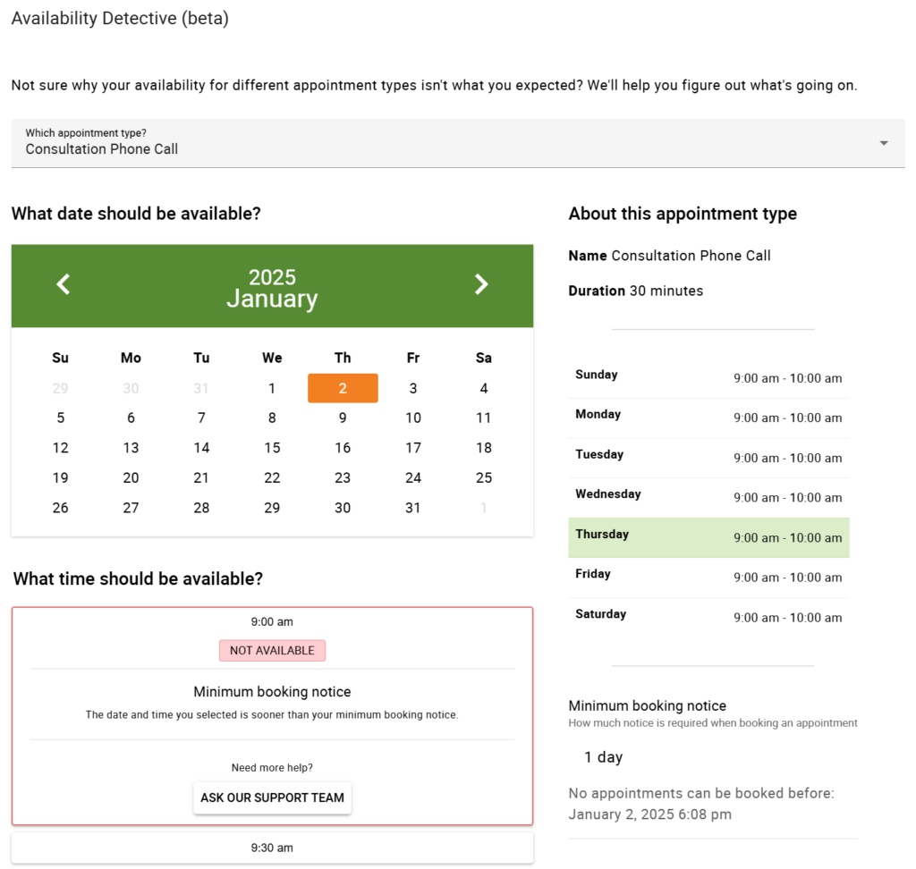 Time slot selected in Availability Detective is NOT AVAILABLE