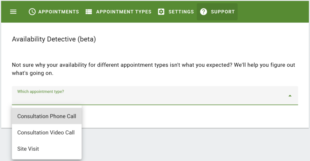 Select Appointment Type in Availability Detective from the dropdown options