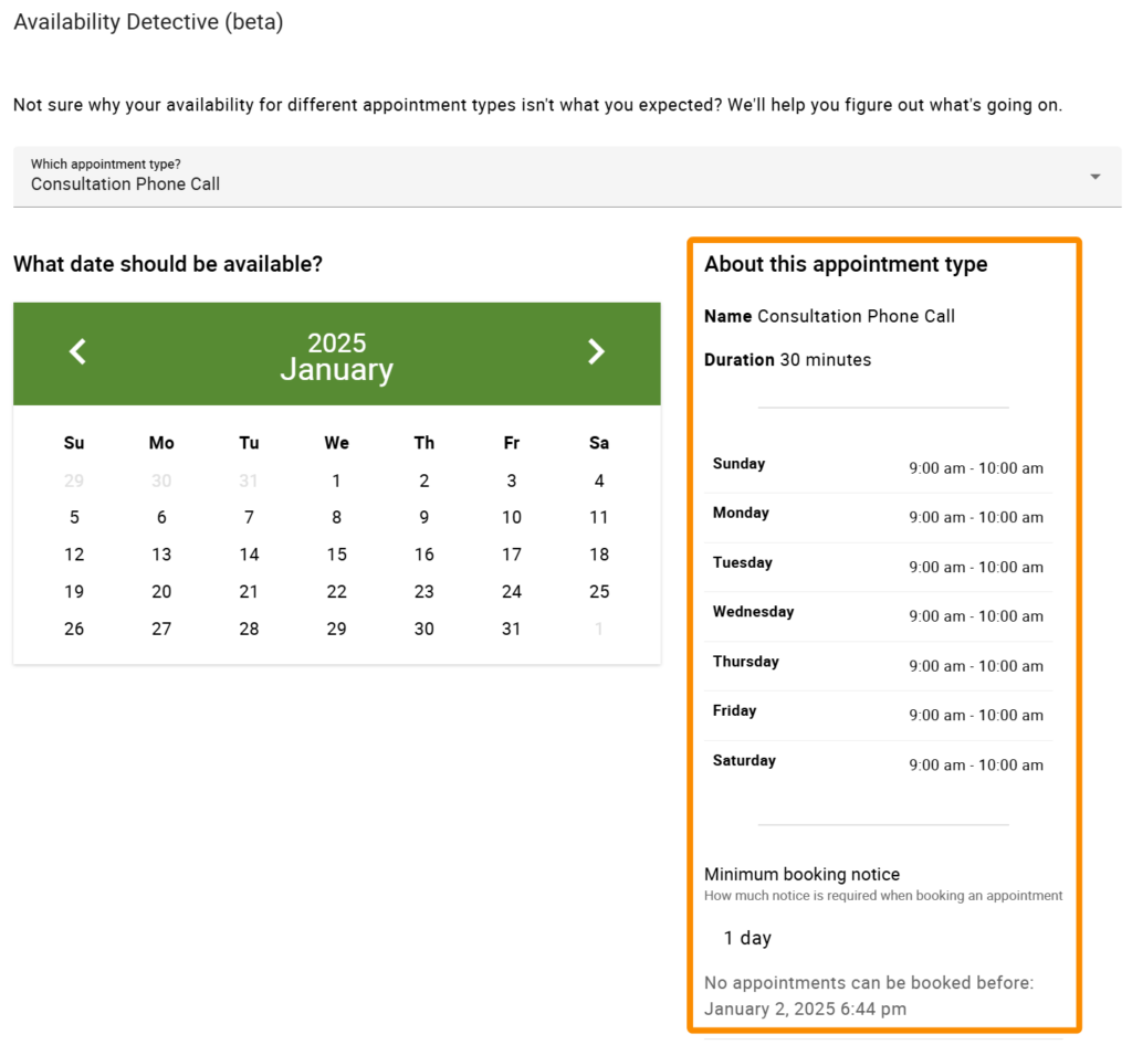 Arrow pointing at Appointment Type availability settings inside Availability Detective