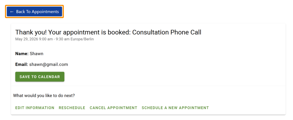 Back To Appointments button to return to the Account page