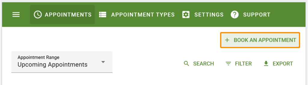 Screenshot depicting where to book appointments, via Appointments tab or the + Book an Appointment button.