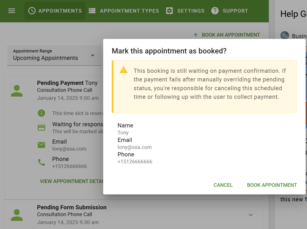 Screenshot displaying the popup generated after the Book Appointment button is selected for a Pending Payment listing.