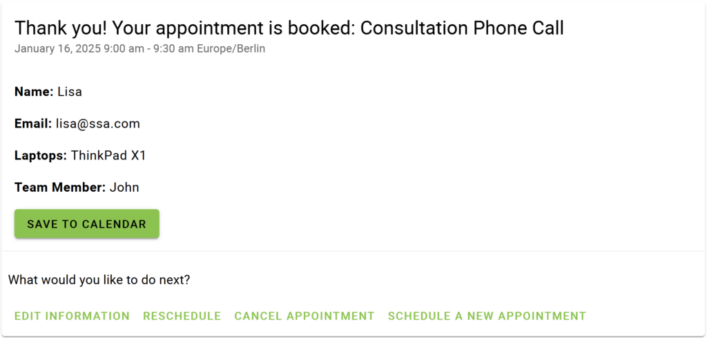 The booking confirmation page containing the appointment details.