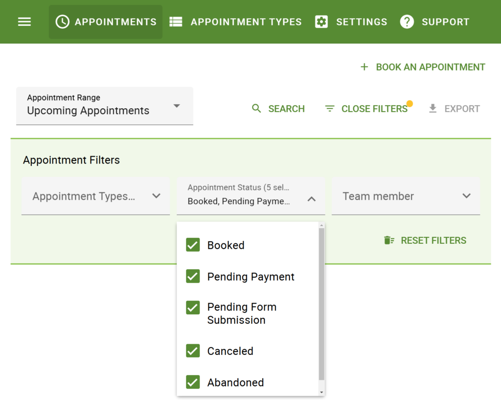 Appointment tab filters that affect Visible Appointments - using the booking status dropdown