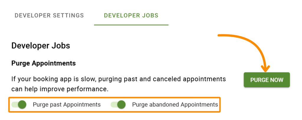 Toggle on the "Purge past Appointments" and "Purge abandoned Appointments". Select PURGE NOW!