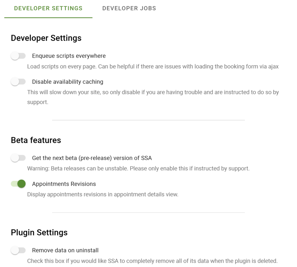 Developer settings page that can be scrolled from WP-Admin > Settings > Developer