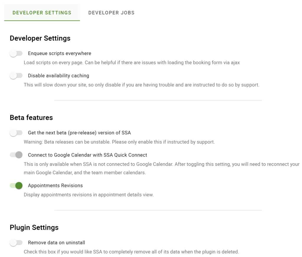 Developer settings page that can be scrolled from WP-Admin > Settings > Developer