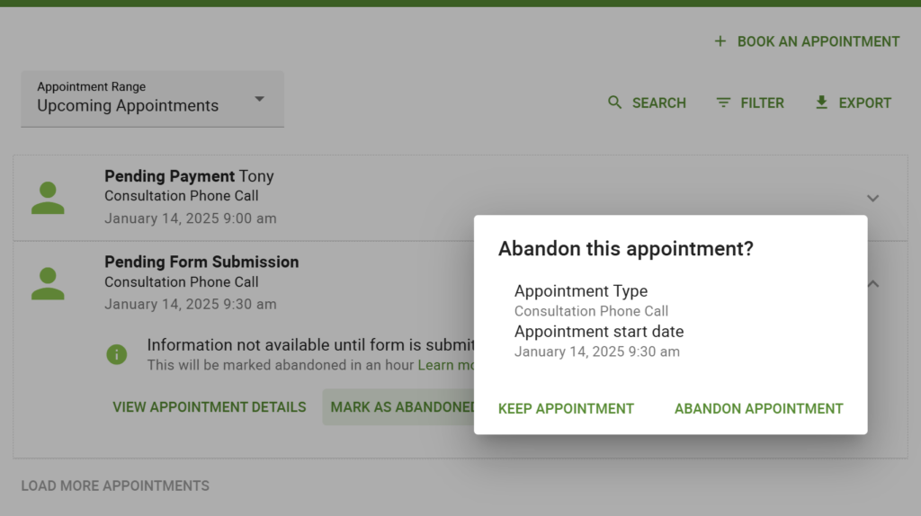 Screenshot displaying the popup generated after the Mark as Abandoned button is selected for a Pending Form Submission.