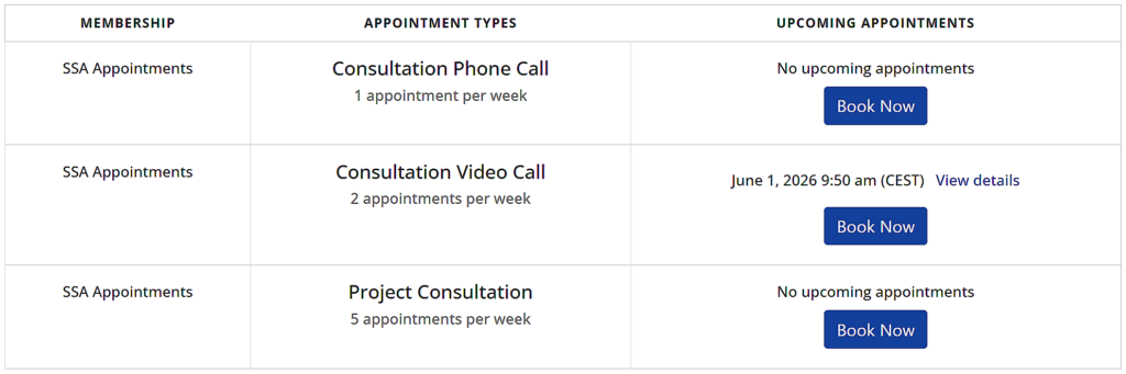 Screenshot of the MemberPress Appointments Table displaying Membership, Appointment Types and Upcoming Appointments details.
