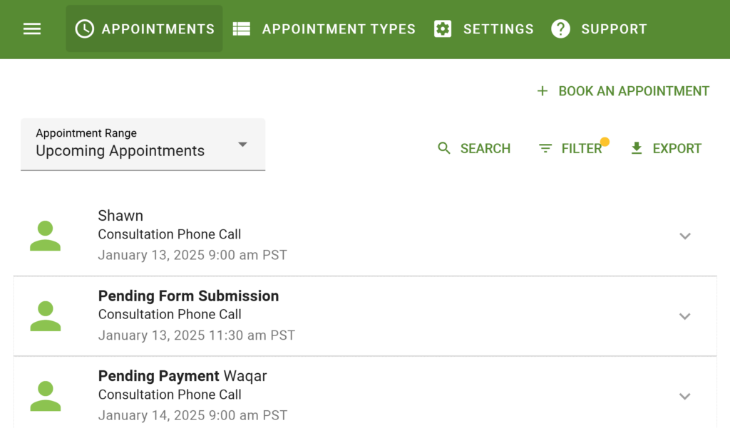 Screenshot of the SSA Appointments Tab displaying the special Pending Form Submission and Pending Payment format for the appointment listing.