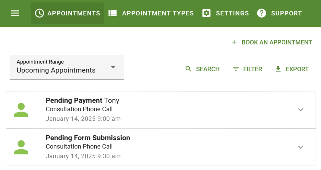 Screenshot of the SSA Appointments Tab displaying the special Pending Form Submission and Pending Payment format for the appointment listing.