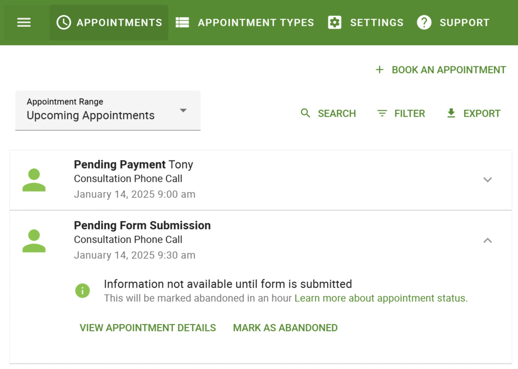 Screenshot showing the information for a Pending Form Submission listing in the Appointments tab when it's selected.