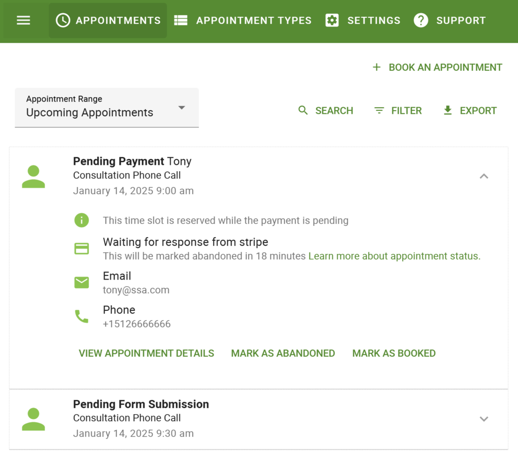 Screenshot showing the information for a Pending Payment listing in the Appointments tab when it's selected.