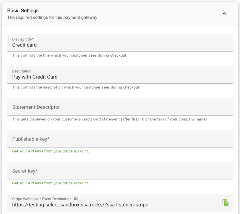 Include the Publishable and Secret key in Stripe Basic Settings