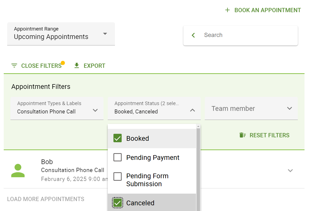 Filter appointments by appointment types and status.